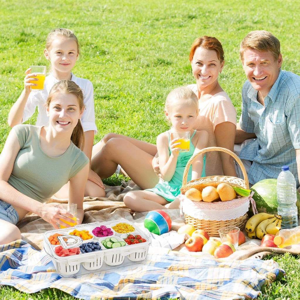 shopwithgreen Divided Serving Tray with Lid, Portable Snack Box Charcuterie Veggie Tray with Lid, Food Storage Organizer with 8 Colandersfor Fruit, Vegetable, Refrigerator, Kitchen, Party, Picnic