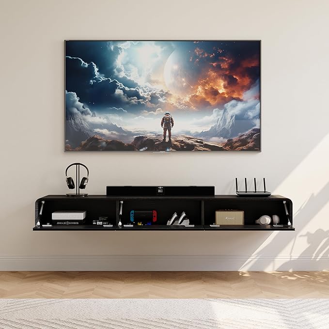 POVISON Fully-Assembled Minimalist Floating TV Stand, Modern Wall-Mounted Entertainment Center with 3 Flip-Down Cabinet Doors, Solid Wood, Black Oak, 78"
