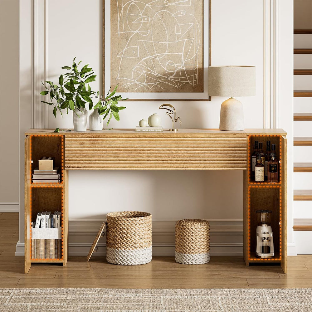 FABATO 61” Fluted Long Console Table with 2 Hidden Storage Cabinets, Wood | W...