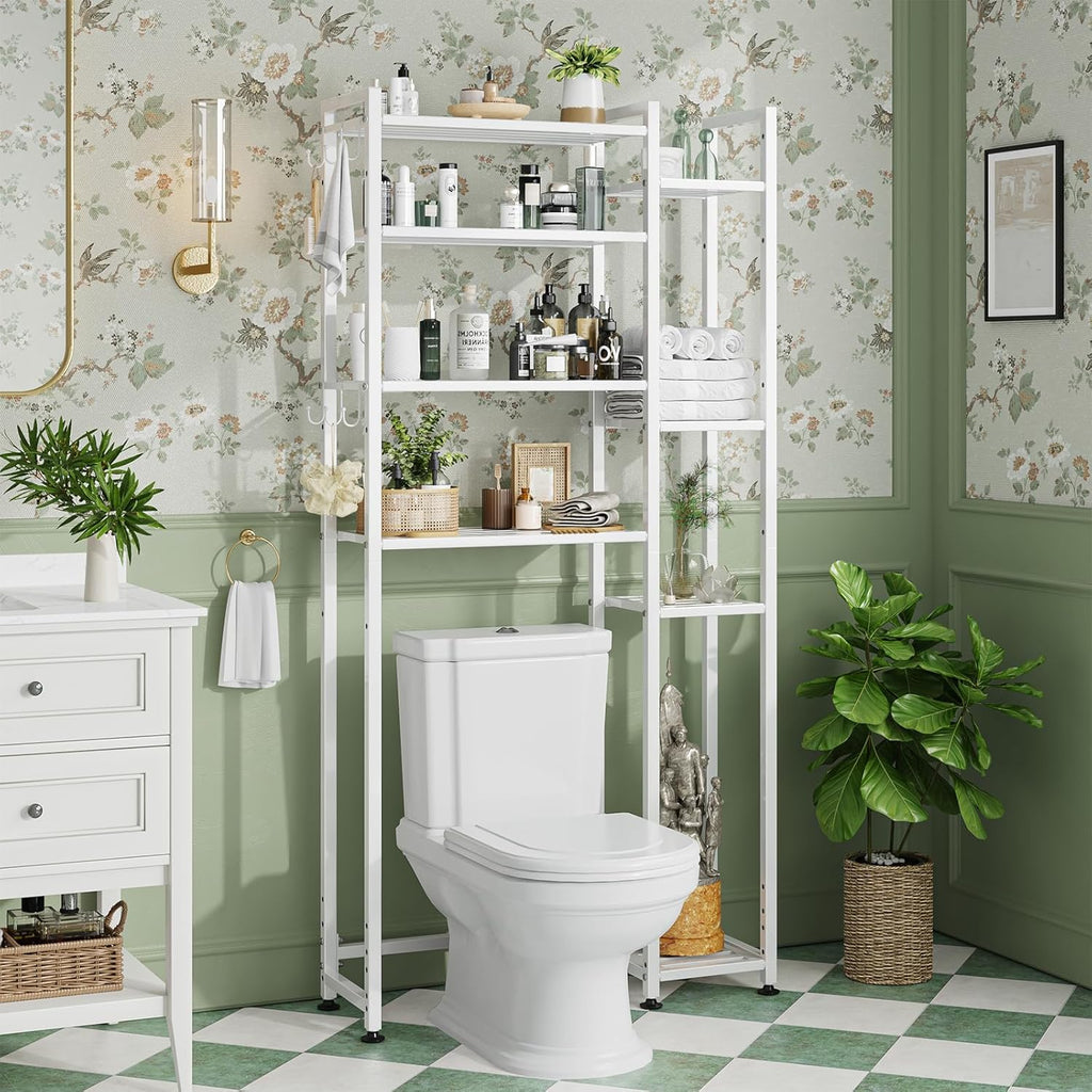 Simple Trending 8 Tier Over The Toilet Storage with Side Rack, Bathroom Organizer Metal Shelves for Towels, White