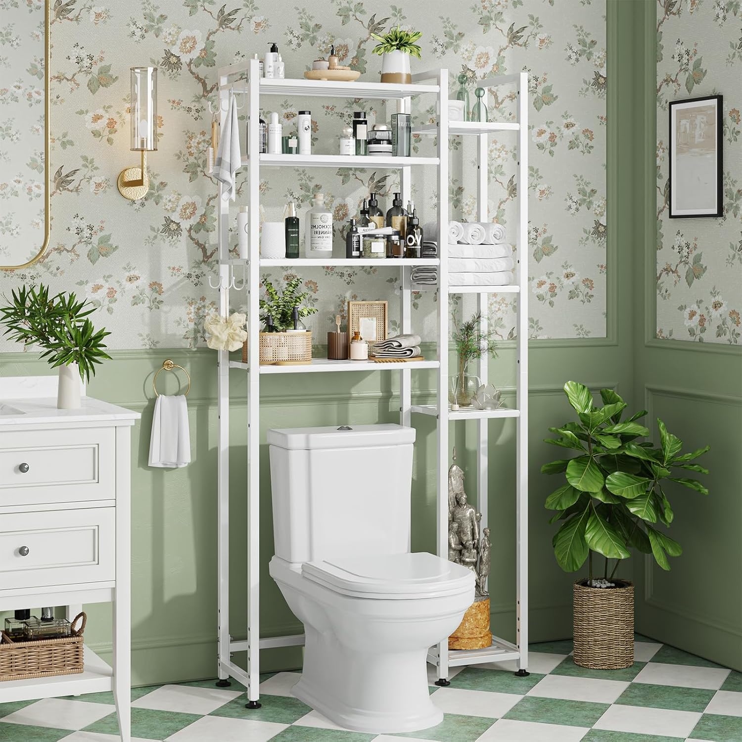 Simple Trending 8 Tier Over The Toilet Storage with Side Rack, Bathroom Organizer Metal Shelves for Towels, White