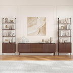 Halitaa Set of 2 Walnut & Black Ladder Shelf with Storage Cabinet, Modern Ladder Bookshelf with Doors, Wall Mount Bookcase with Metal Frame, Display Shelves for Living/Bed/Bathroom, Home Office