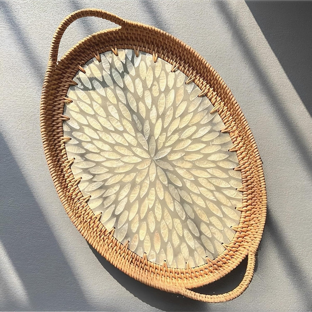 I-LAN 15 Inch Oval Rattan Woven Tray Basket with Beige MOP Wooden Base and Ha...