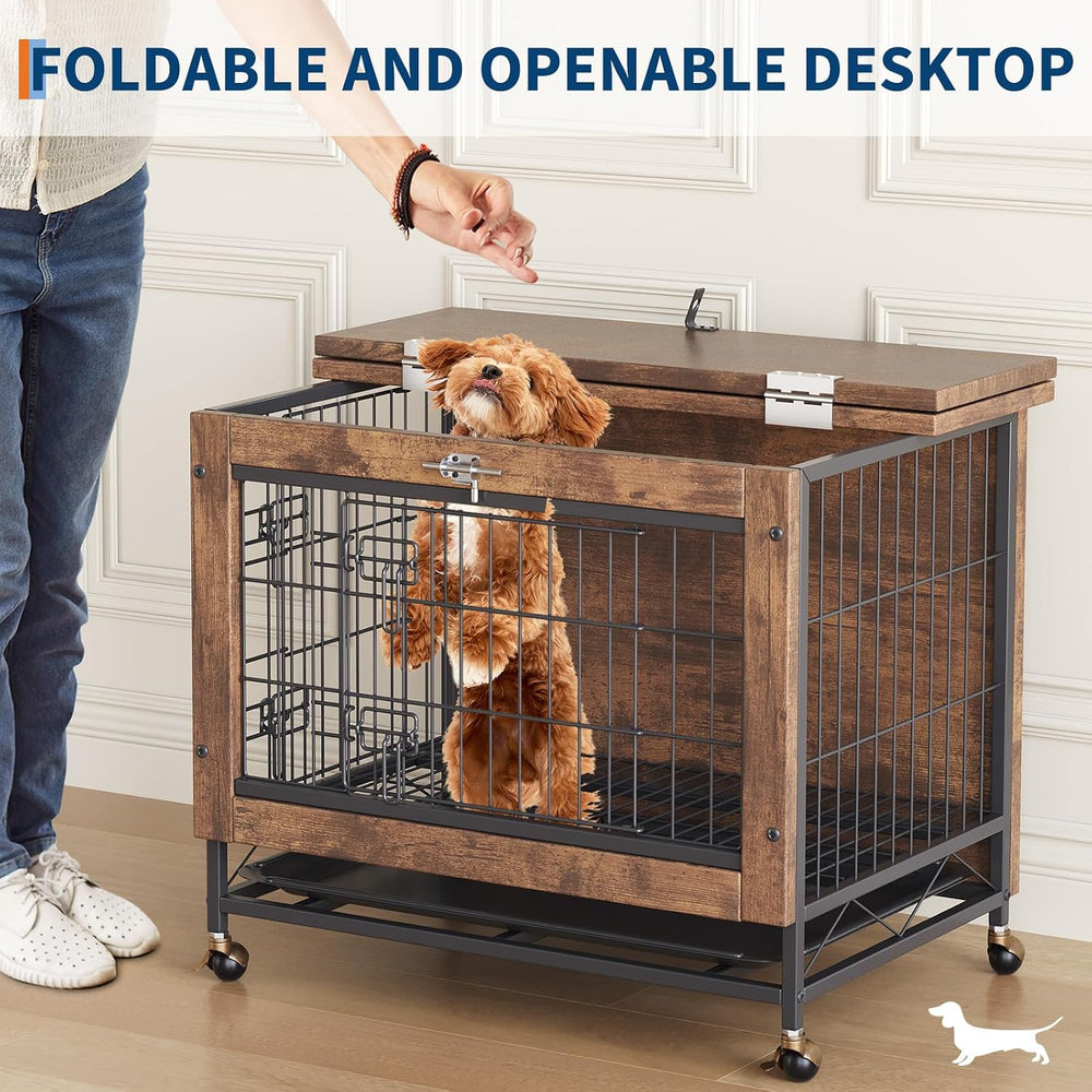 Rustic Brown Wooden Dog Crate End Table with Dual Doors & Lockable Wheels...