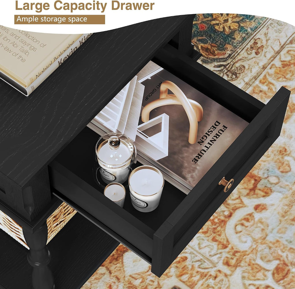 ARTPOWER Nightstands Set of 2 with Charging Station & Storage Shelf, Black | Small Retro Wood Beside Table for Bedroom, Living Room, Tree-Veneer, Minimal Assembly