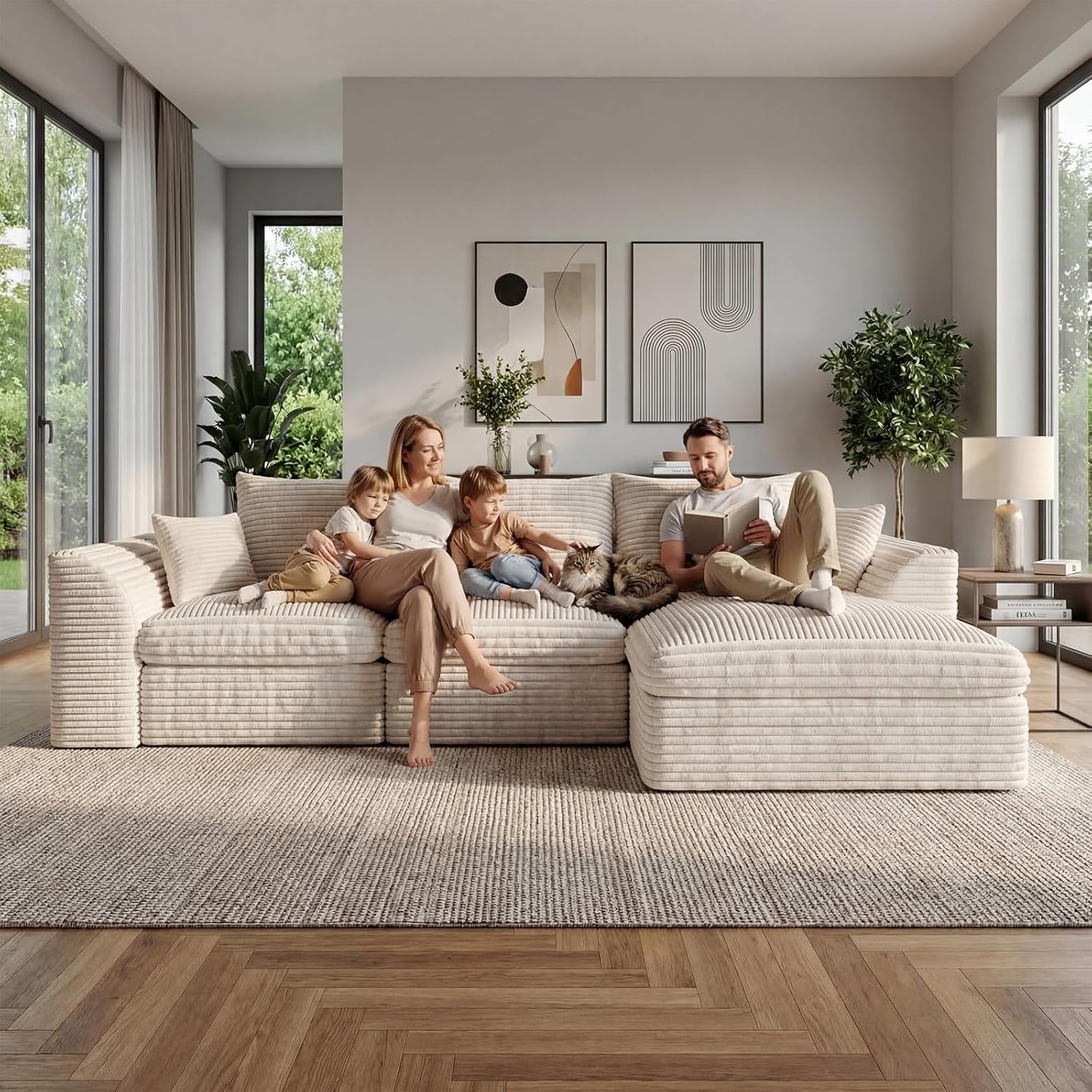 106" Modular Cloud Sofa L-Shaped, Boneless Deep Seat Sectional with High-Density Foam, Washable Corduroy Fabric, No Assembly Required for Living Room Apartment, Beige