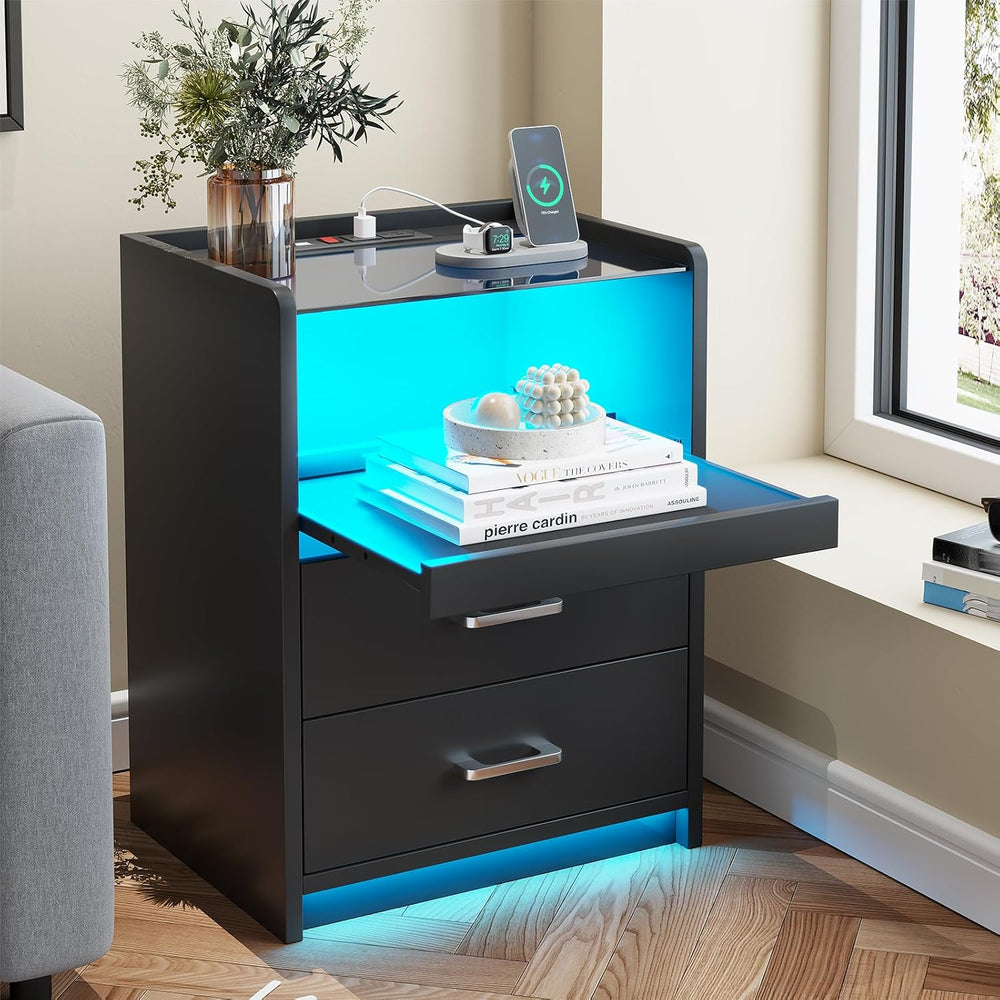 AOGLLATI LED Nightstands Set of 2 with Charging Stationand Glass Top | Black ...