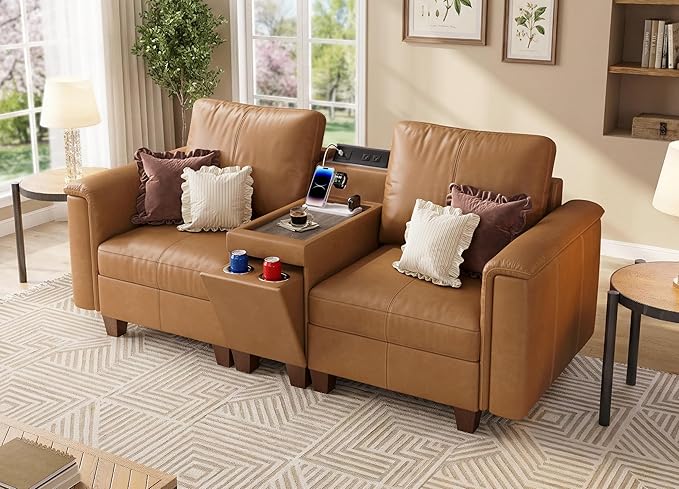 SITJOY 79" Faux Leather Modular Sectional Sofa with Storage, Mid Century Modern Sectional Couches for Living Room, 2 Seat Loveseat Couch and Console Table, Hidden Cupholders, Brown