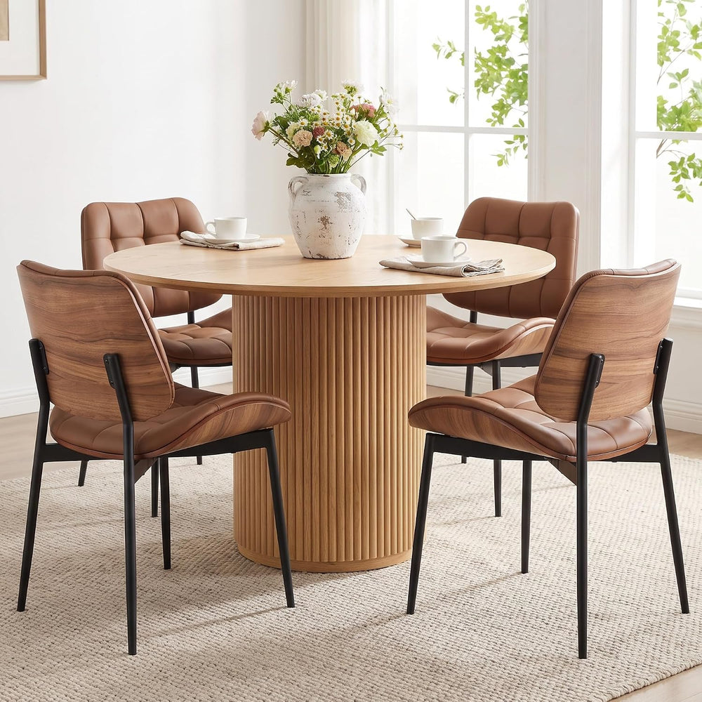 Mid Century Modern Dining Chairs Set of 4, Brown | Faux Leather Upholstery, W...