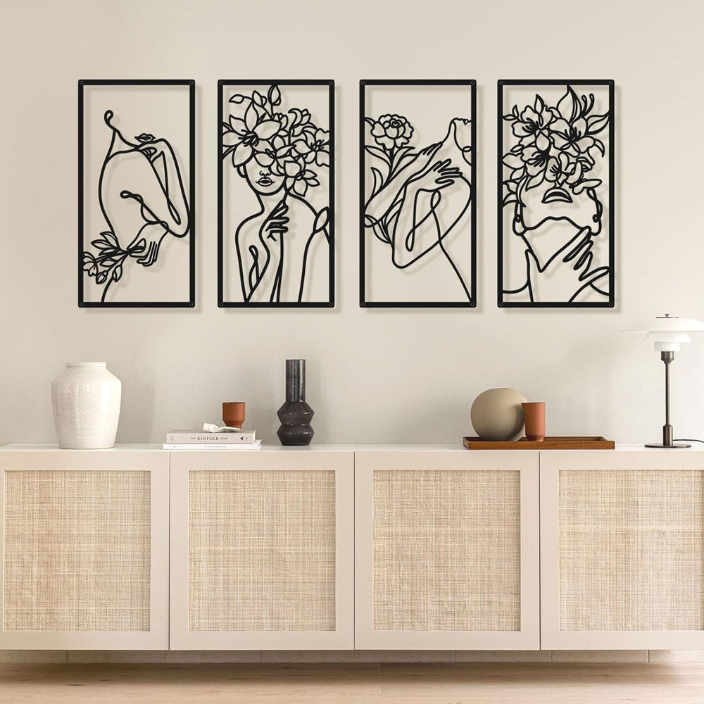 Bakovity Black Metal Wall Art, Abstract Minimalist Floral Woman Wall Decor