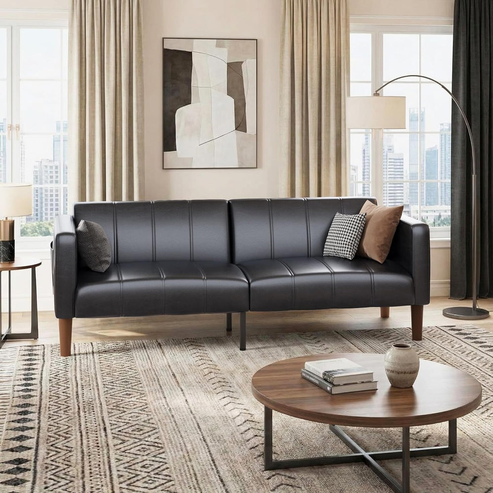 75 in Futon Sofa Bed, Faux Leather Convertible Couch with Adjustable Backrest...