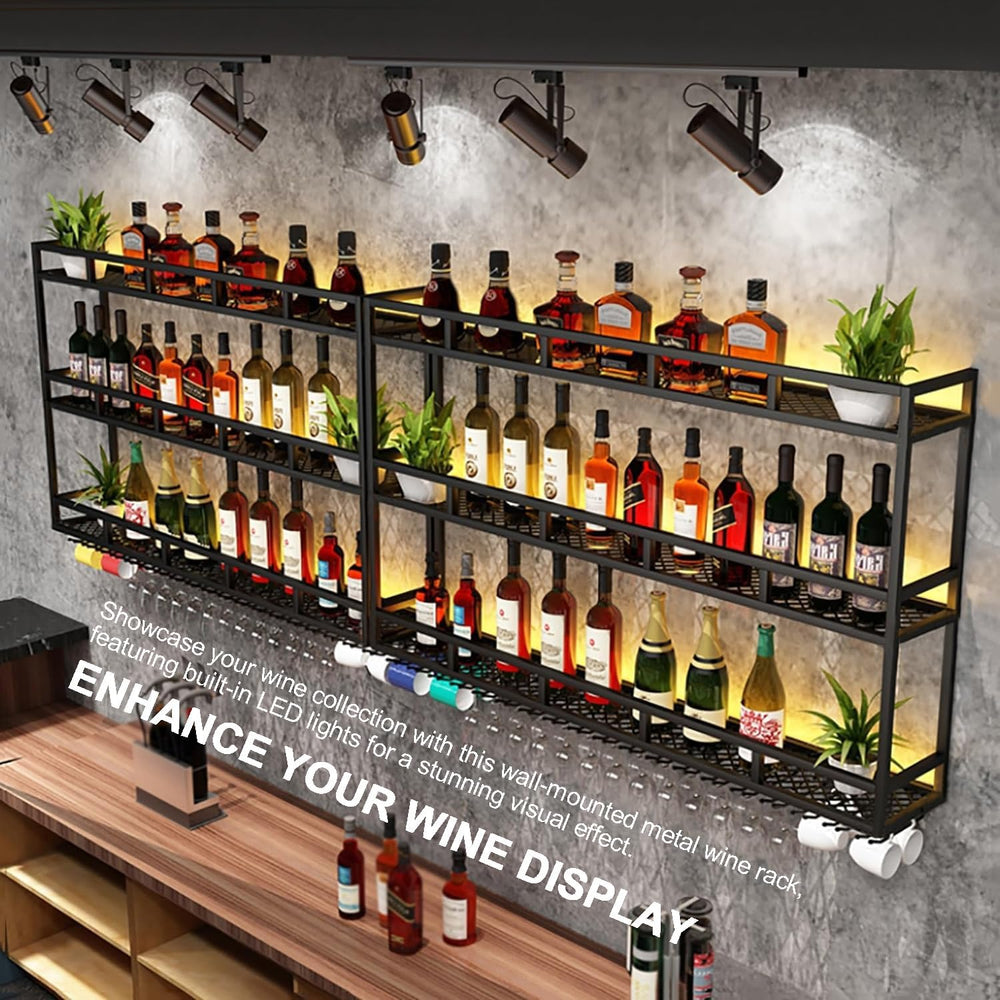 Large Heavy Duty 39in Wine Rack with LED Wall Mounted Bottle Glass Holder Und...