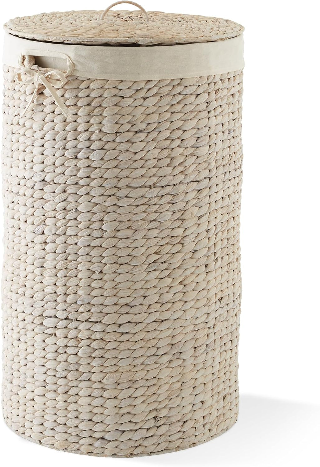 Casafield Round Laundry Hamper with Lid and Removable Liner Bag - Whitewash, Woven Water Hyacinth Wicker Laundry Basket for Clothes and Towels