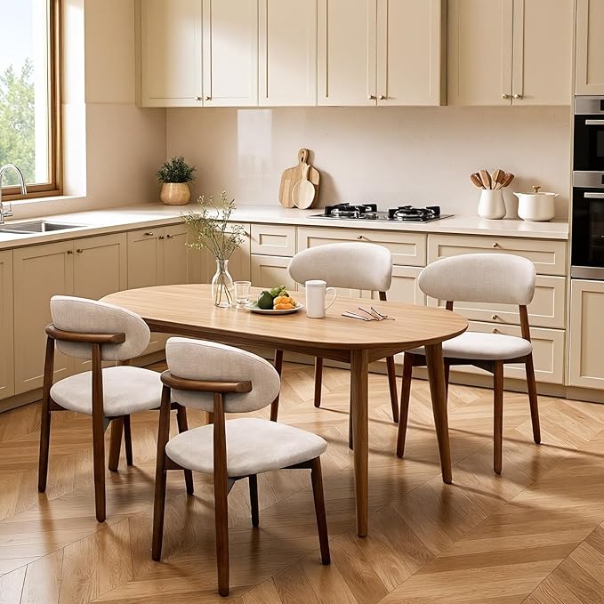 Farmhouse Dining Chairs Set of 6, Mid Century Modern Wooden Dining Room Chairs, Farmhouse Fabric Upholstered Kitchen Dinner Chairs for Living Room Restaurant Cafe, Walnut/Light Camel