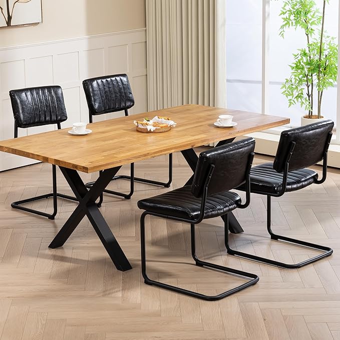 Cantilever Dining Chairs Set of 4, Mid Century Modern Dining Chairs with Black Metal Legs, Upholstered Leather Kitchen Chairs, Armless Cantilever Chair for Kitchen & Living Room, Black