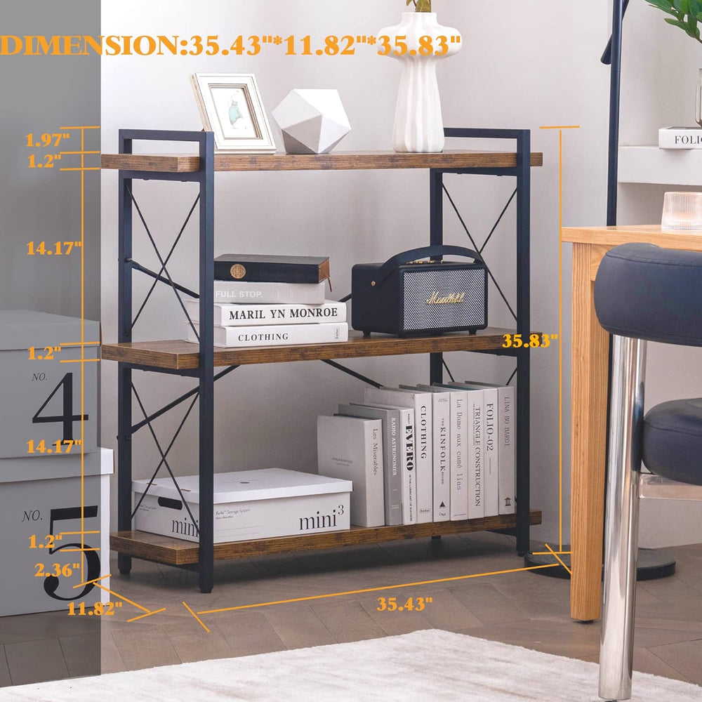 HCHQHS Bookshelf, 3-Tier Industrial Bookcase, Rustic Open Book Shelf, Wood an...