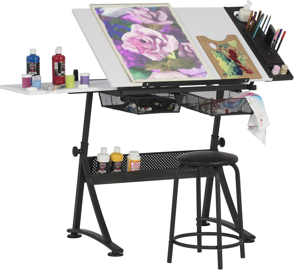 Fusion Drafting Table with Stool, Height Adjustable Desk with Tilt Top, Charc...