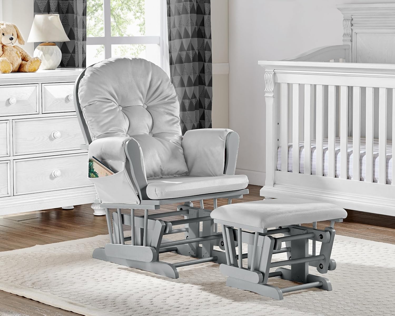 Penau Glider and Ottoman, Button Tufted Gray, Wood Fabric | Nursery Glider And Ottoman Set, Soft Quiet Motion, Button Tufted Back, Side Pocket, Cozy Bonding Spot