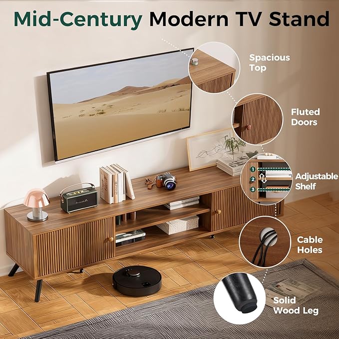 COMHOMA TV Stand for Living Room, Mid Century Modern Entertainment Center for 65/70/75 Inch TVs, Retro Brown TV Console with Fluted Door Cabinets and Open Adjustable Shelve Storage for Bedroom (70In)