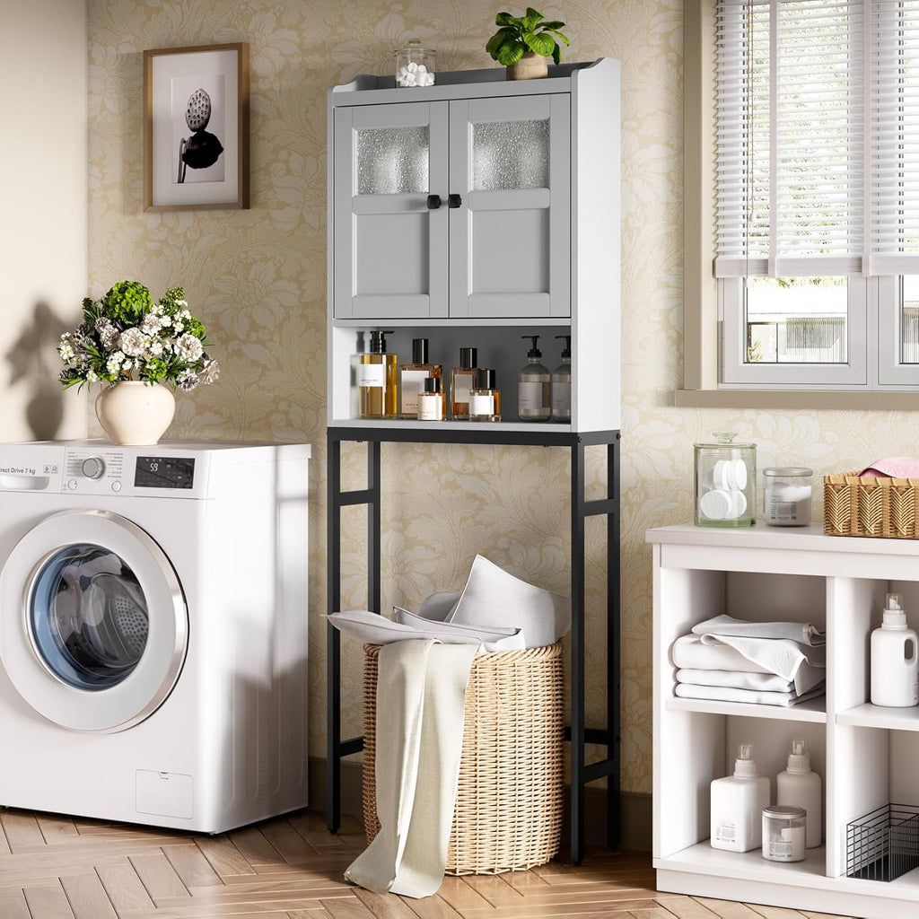 Over The Toilet Storage Cabinet, Bathroom Organizer Over Toilet with Double Doors and Soft Hinges Above Toilet Bathroom Storage Shelf Over The Toilet Storage (Gray)