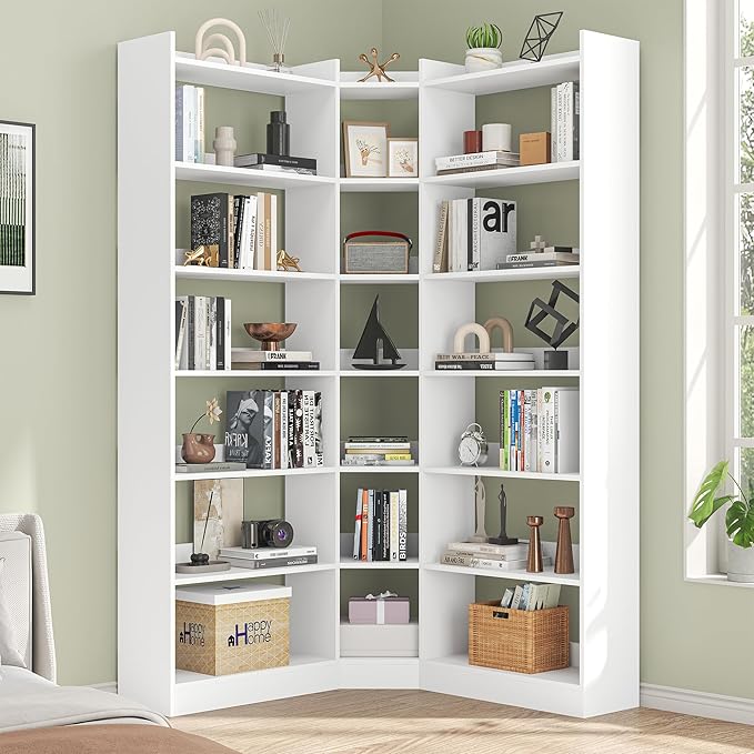 70.8" Tall Corner Bookshelf and Bookcases, 7 Tiers Morden Large Etagere Bookcases Storage Display Rack with Baffle, Industrial L Shaped Bookshelves for Bedroom, Home Office, Living Room, White
