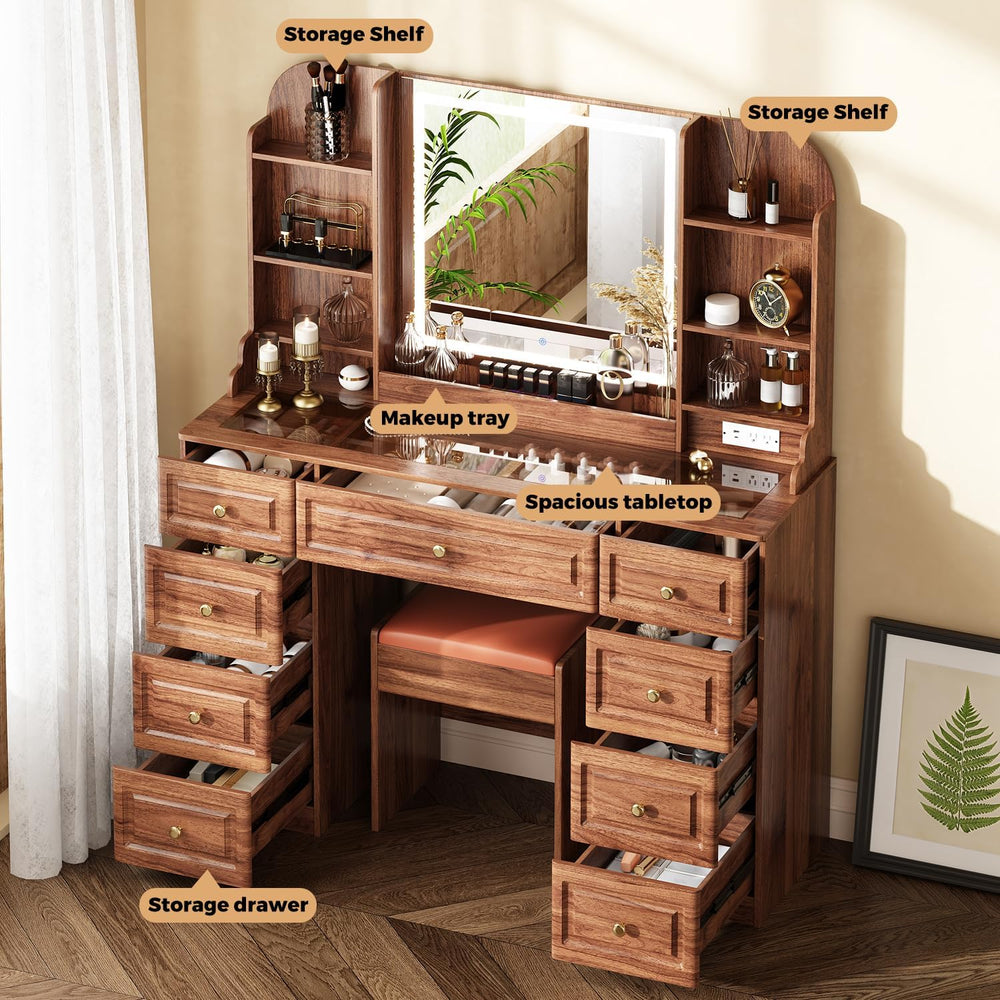 Arulvmrn 43” Wooden Makeup Vanity Set with Mirror and Lighted,Modern Vanity D...