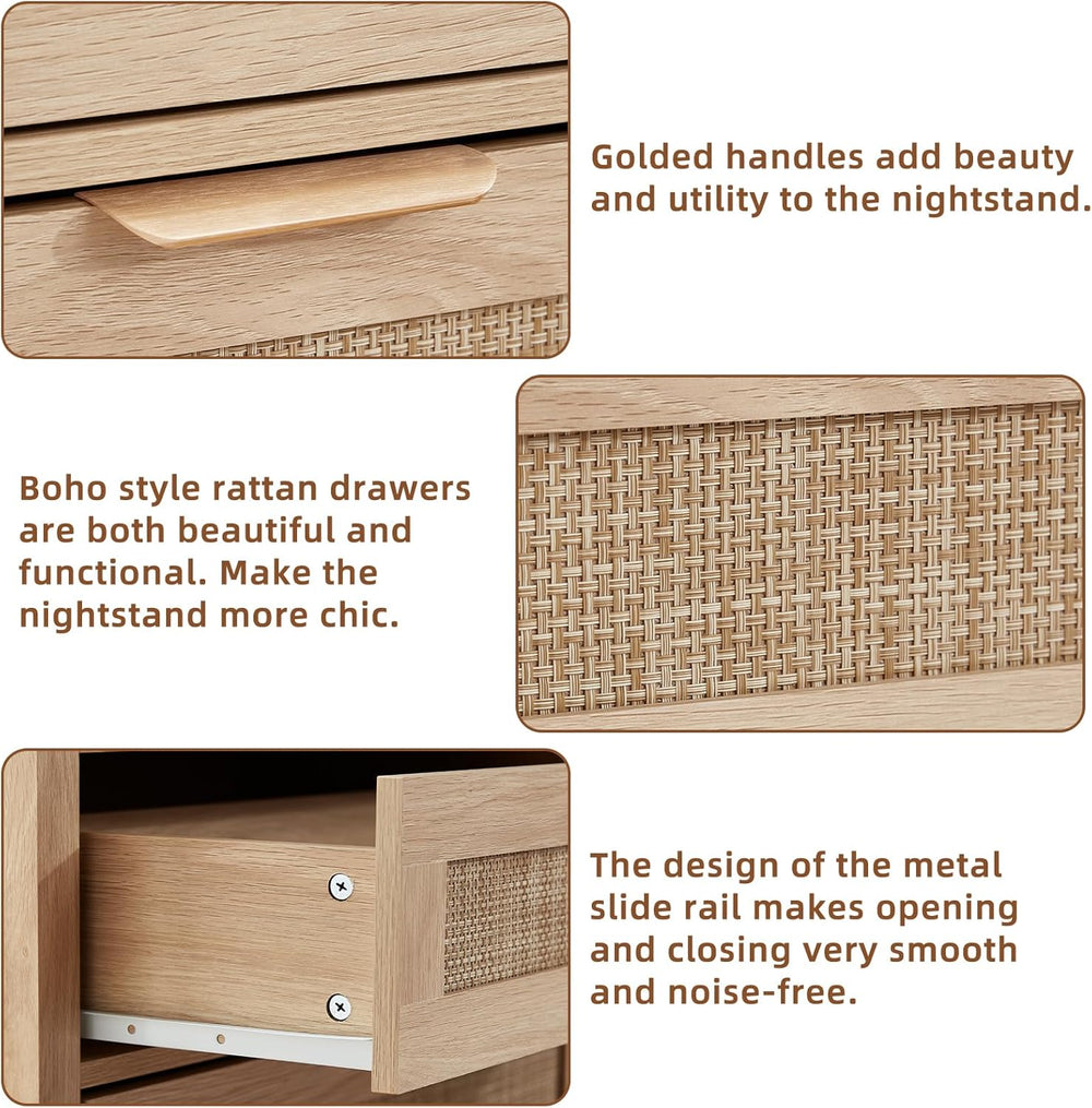 LEYAOYAO 31.5" Wide Rattan Nightstands Set of 2, Large Boho Night Stand ...