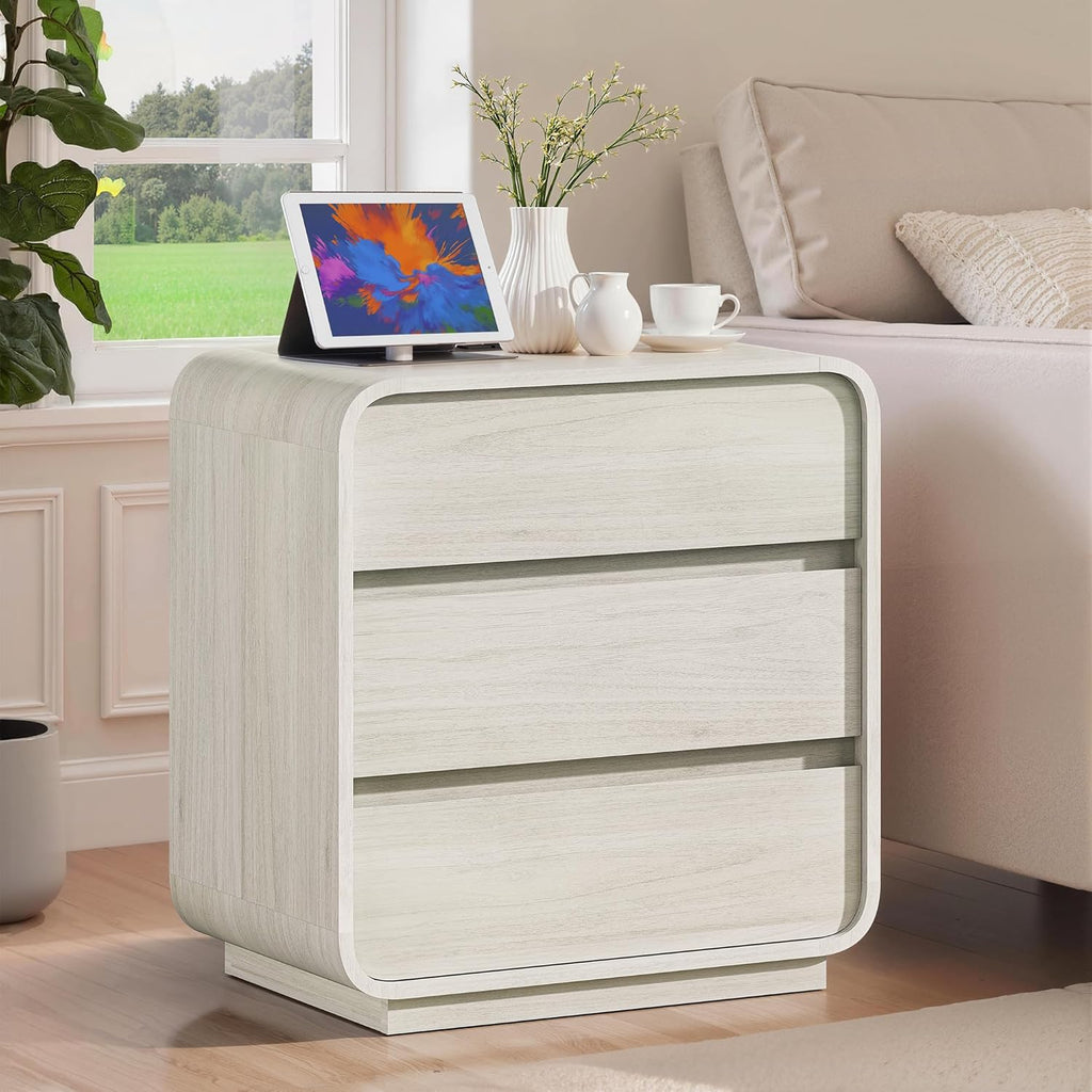 White Nightstand with Charging Station, 25" Tall Wood Bedside Table, Modern Dresser End Table with 3 Storage Drawers, Curved Profile, Mid Century Night Stand for Bedroom Dorm Sofa Office
