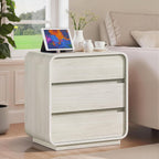 White Nightstand with Charging Station, 25" Tall Wood Bedside Table, Modern Dresser End Table with 3 Storage Drawers, Curved Profile, Mid Century Night Stand for Bedroom Dorm Sofa Office
