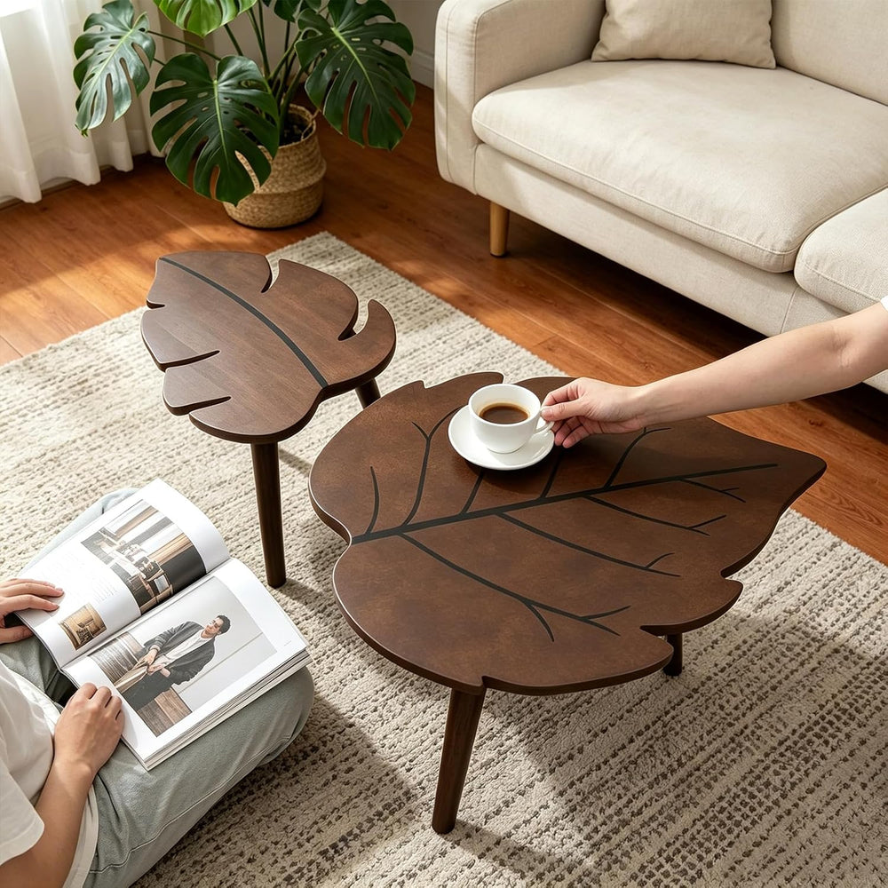 Nesting Coffee Table Set of 2, Monstera Leaf Wooden Side Table | Stacking Min...