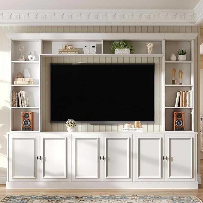 SOFTSEA 4-Piece Entertainment Center Wall Unit for TVs up to 70", Large TV Stand Wall Unit with Bookshelves, 6 Doors & Adjustable Shelves, Media Console with Bridge for Living Room, White