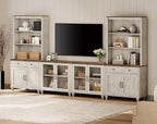 WAMPAT TV Stand with Bookshelves for TVs up to 75", Farmhouse Wall Unit Entertainment Center with Doors & Drawer, Media Console Table for Living Room & Bedroom & Home Theater, Rustic White