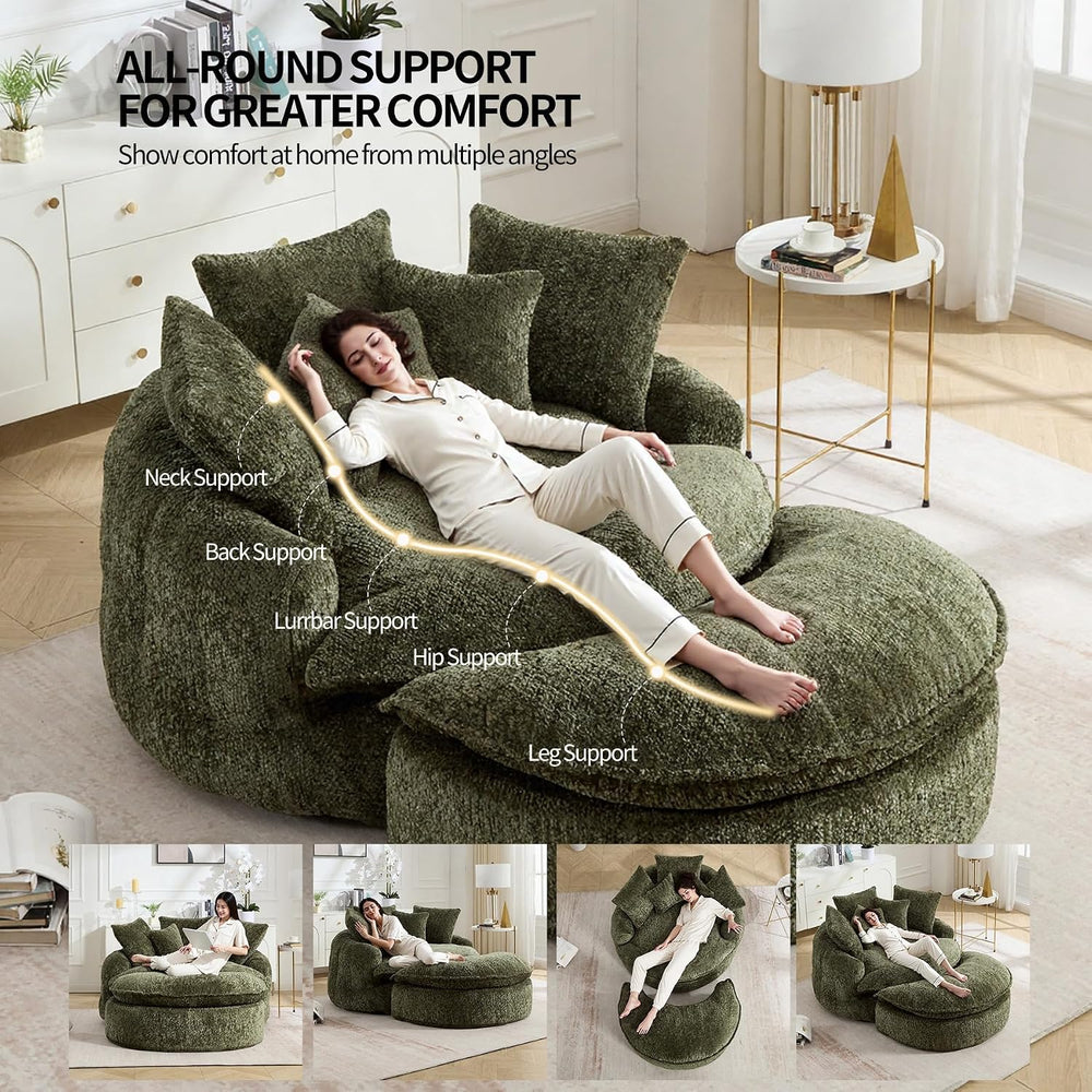Oversized Round Lounge Chair with Ottoman Cloud Comfy | Breathable soft fabri...
