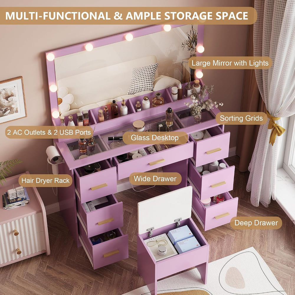 44" Vanity Desk with Chair and Glass Top, Vanity Table with 7 Drawers | ...