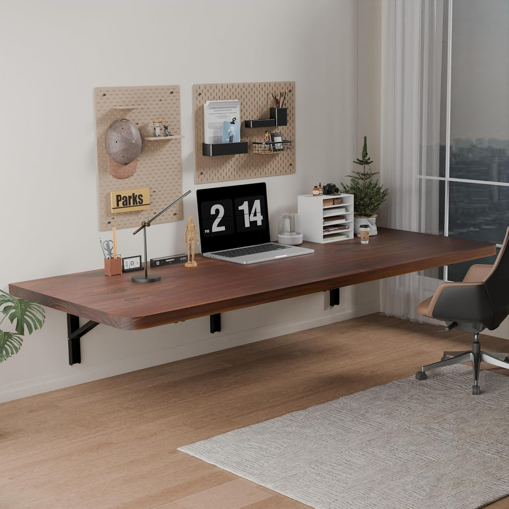 IAE Floating Wall Mounted Folding Table Desk with Pine Wood,55" x 22" Folding Workbench,Fold Down Wall Mounted Foldable Desk with Shelf Brackets,Laundry Table for Home,Dining,Office,Kitchen,Brown