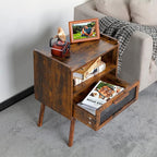 Lerliuo Rattan Nightstand, Boho Side Table with Drawer Open Shelf, Cane Accent Bedside End Table with Solid Wood Legs for Bedroom, Dorm and Small Spaces (Brown)