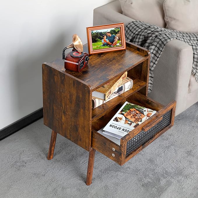 Lerliuo Rattan Nightstands Set of 2, Boho Side Table with Drawer Open Shelf, ...