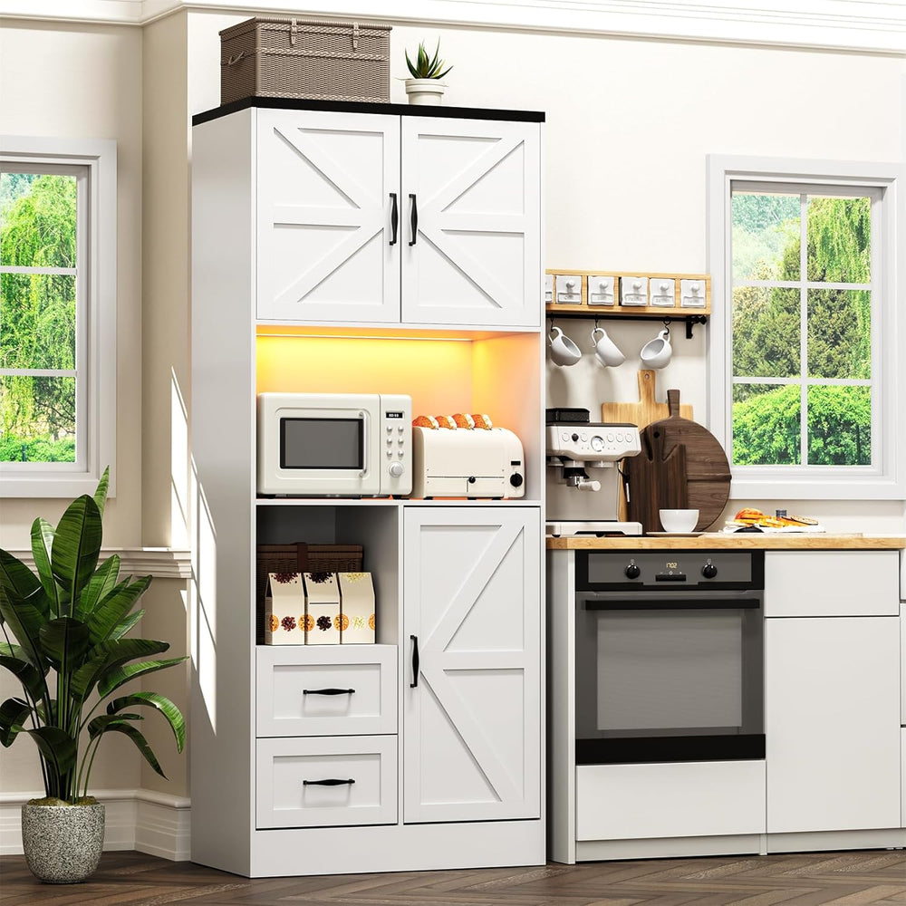 Kitchen Pantry Storage Cabinet with LED Lights and Power Strip, Tall Farmhous...