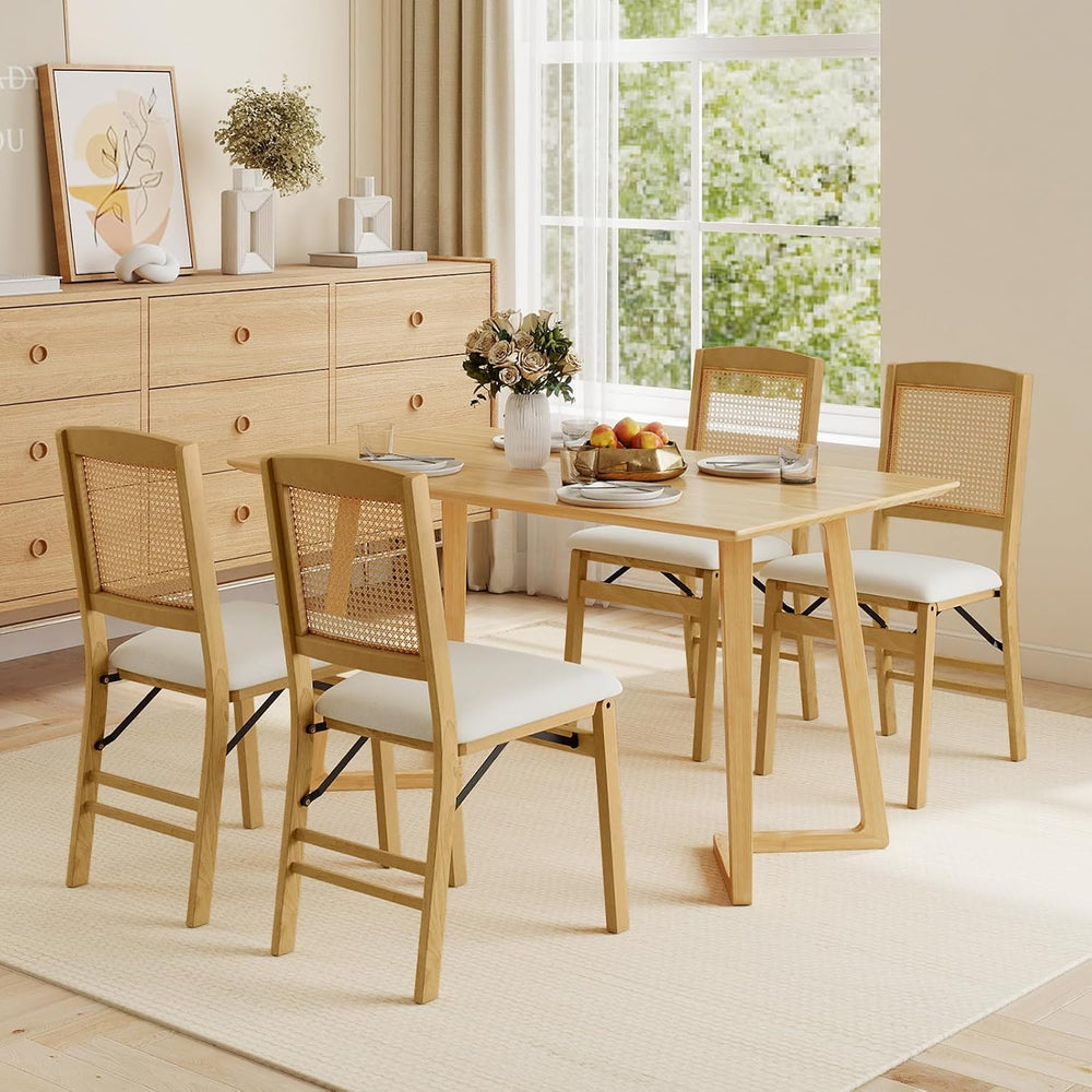 GIANTEX Folding Dining Chairs Set of 4, Rubber Wood Kitchen Chair w/Linen Pad...