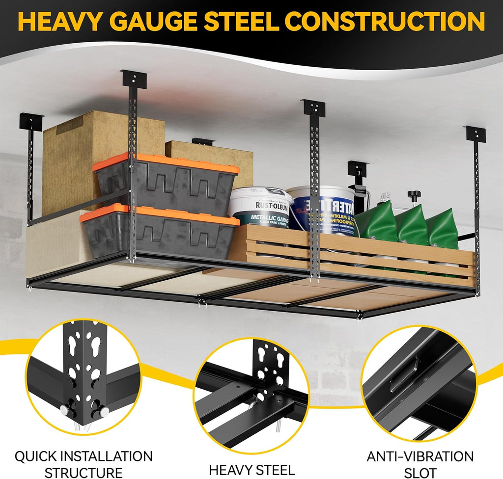 3x6 Ft Overhead Garage Storage Rack, 28-41 inch Height Adjustable Ceiling Mounted Organization Rack, 550 lbs Weight Capacity, 36"x72" Heavy Duty Space-Saving Metal Rack for Garage Storage