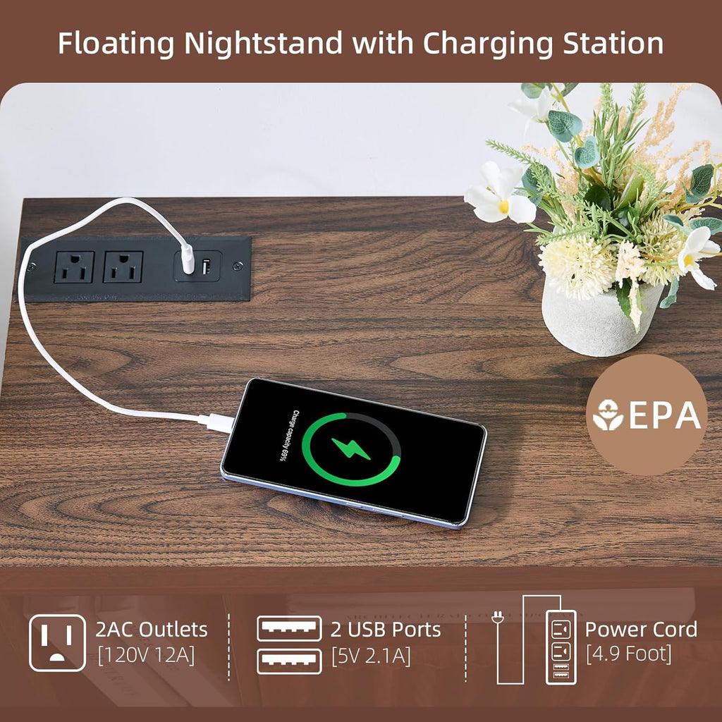 Modern Walnut Fluted Floating Nightstand with Charging Station, NightStand with Drawers, Bedside with USB Ports and Outlets, Bedroom Furniture (Left)