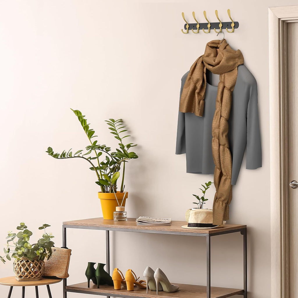 Coat Rack Wall Mount with 5 Tri Hooks, Stainless Steel 16 Inch – Black & Gold Matte Finish, Heavy Duty Wall Mounted Hook Rack for Coats, Hats, Towels, Scarfs, Robes, Bags, Entryway & Bathroom, 4 Pack