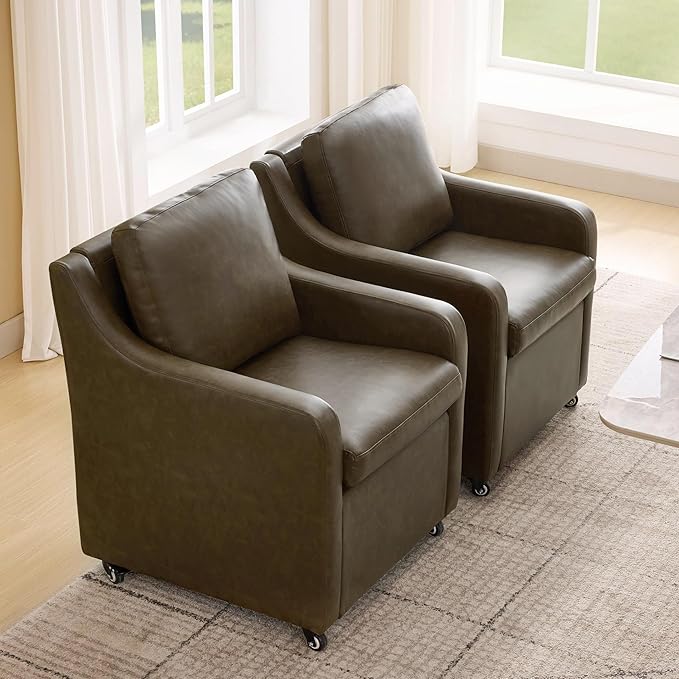 Rolling Dining Chair with Wheels, Upholstered Modern Single Armchair with Casters for Kitchen (2, PU Coffee)