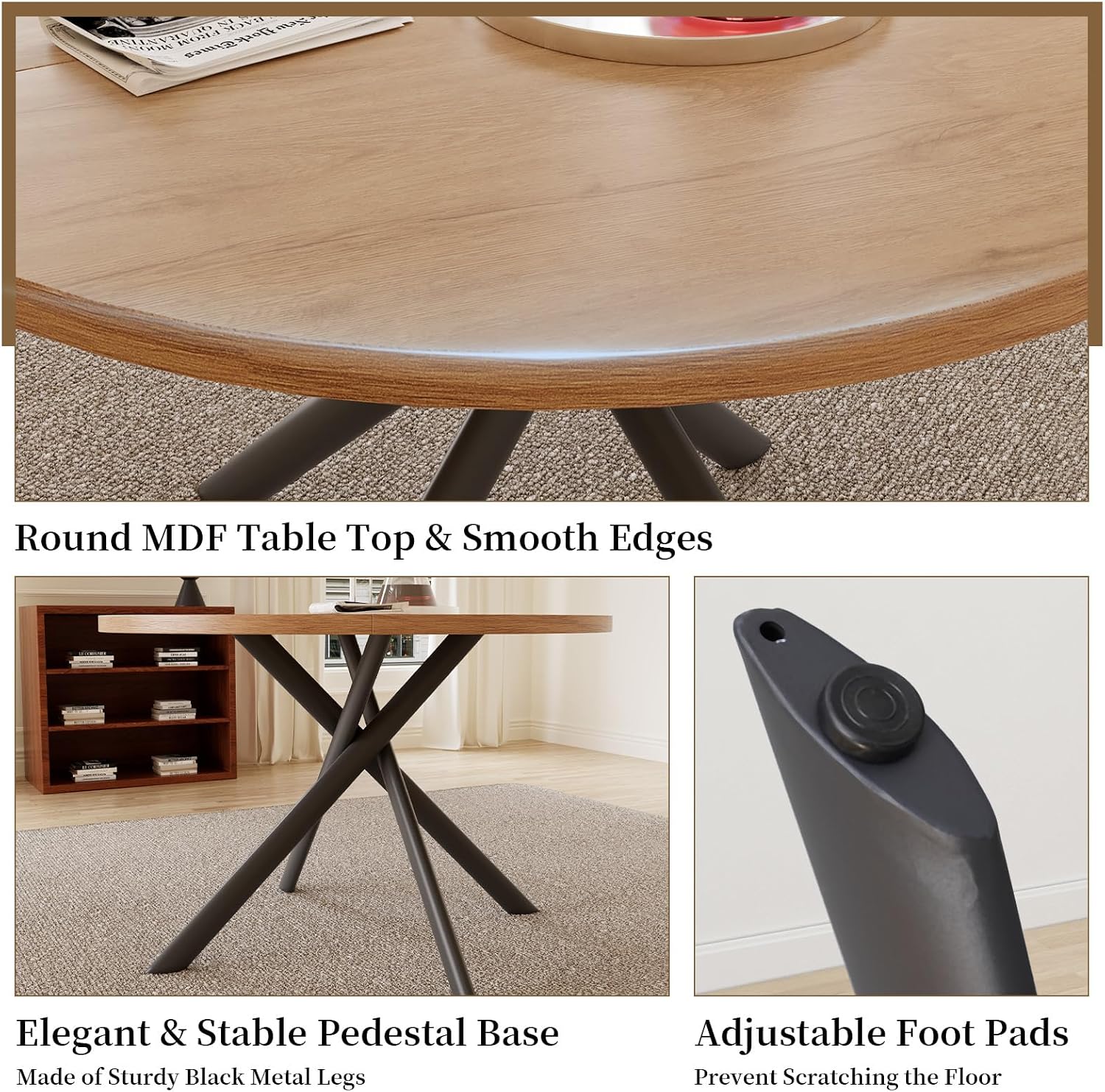 HIPIHOM 45.3 Inch Modern Round Dining Table for 4, Space-Saving Dinette with Carbon Steel Legs for Home Kitchen Apartment(Oak Table)