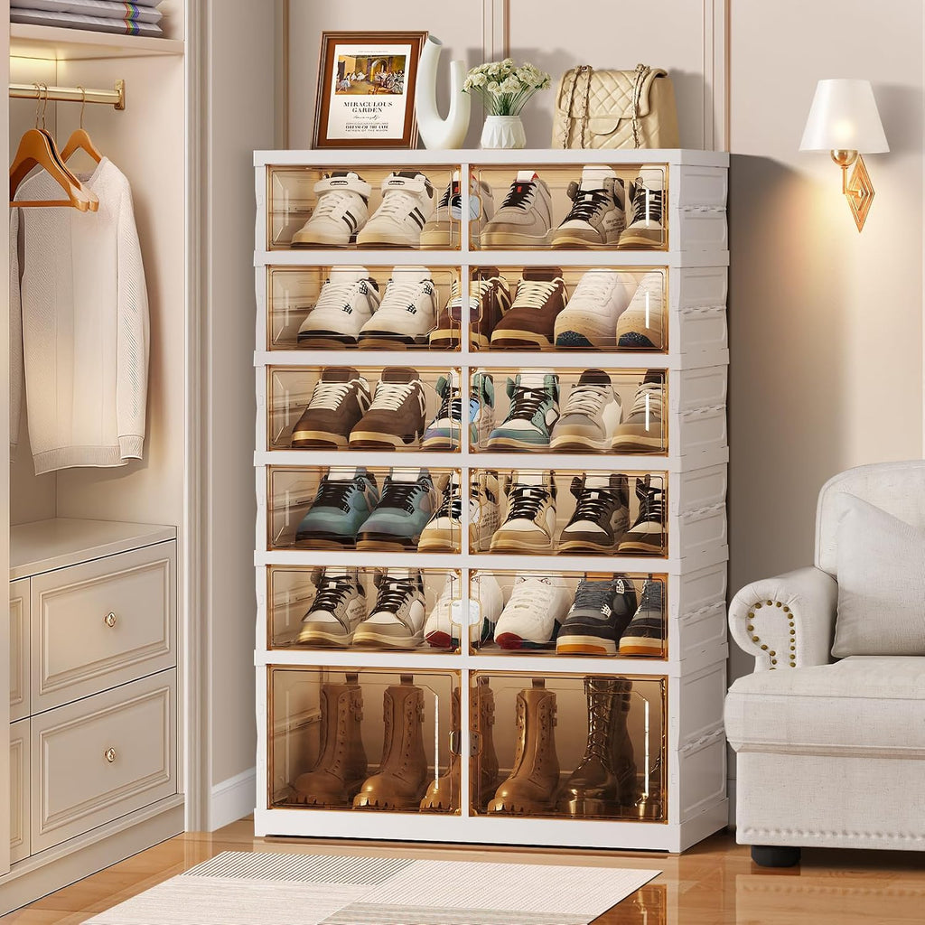 CIMLORD 6-Tier Foldable Shoe Rack Organizer with Wheels, 18 Pairs, White | Collapsible Large Plastic Shoe Cabinet, Fits Boots, Stackable, Clear Doors, Easy Assembly, Closet, Entryway, Living Room