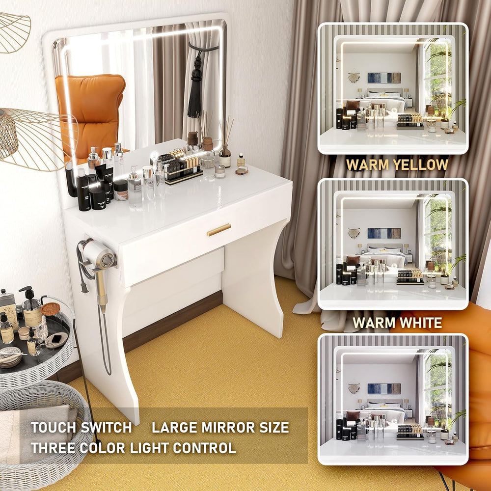 Vanity Desk, Makeup Vanity with LED Light Mirror, Small White Vanity with a S...