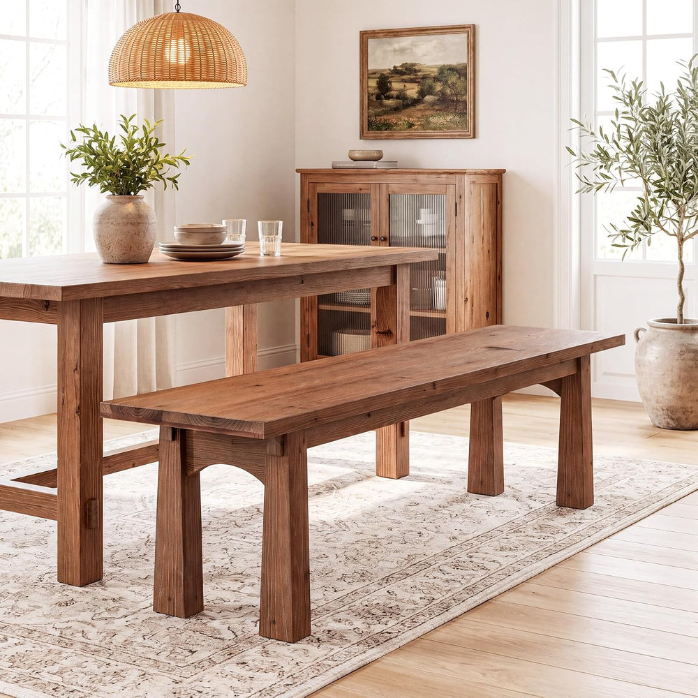 TRIBEWOOD 55 Inch Solid Wood Dining Bench, Entryway Bench, Rustic Brown | Sol...