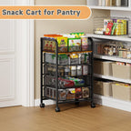 5-Tier Rolling Kitchen Cart with Drawers - Kitchen Storage Cart on Wheels,Pantry Snack Cart,Fruit and Vegetable Storage Cart with Wood Top,Rolling Utility Cart for Potato and Onion Storage