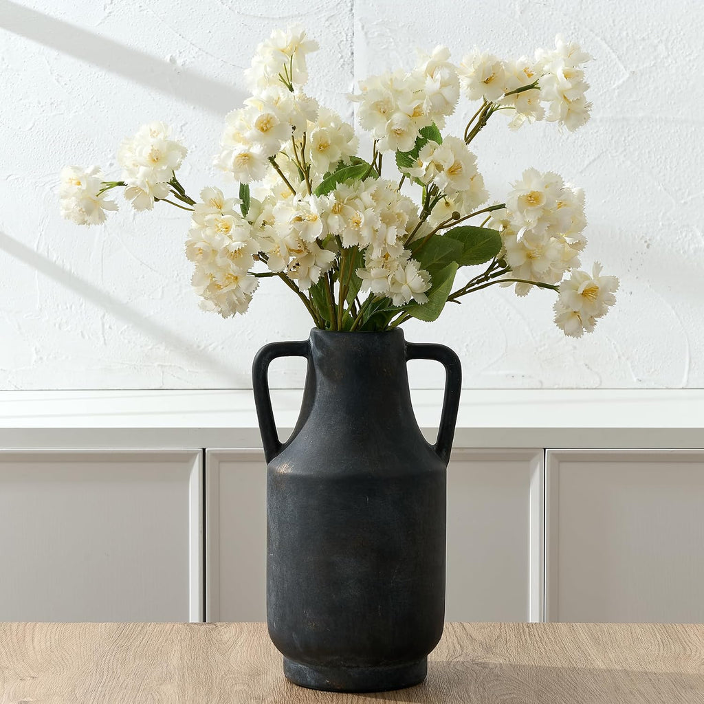SIDUCAL Ceramic Rustic Flower Vase with Handles | 12 inch Tall Vase for Farmhouse Home Table Centerpieces, Large Decorative Terracotta Vases for Home Decor, Living Room,Shelf Decor, Black Bronze