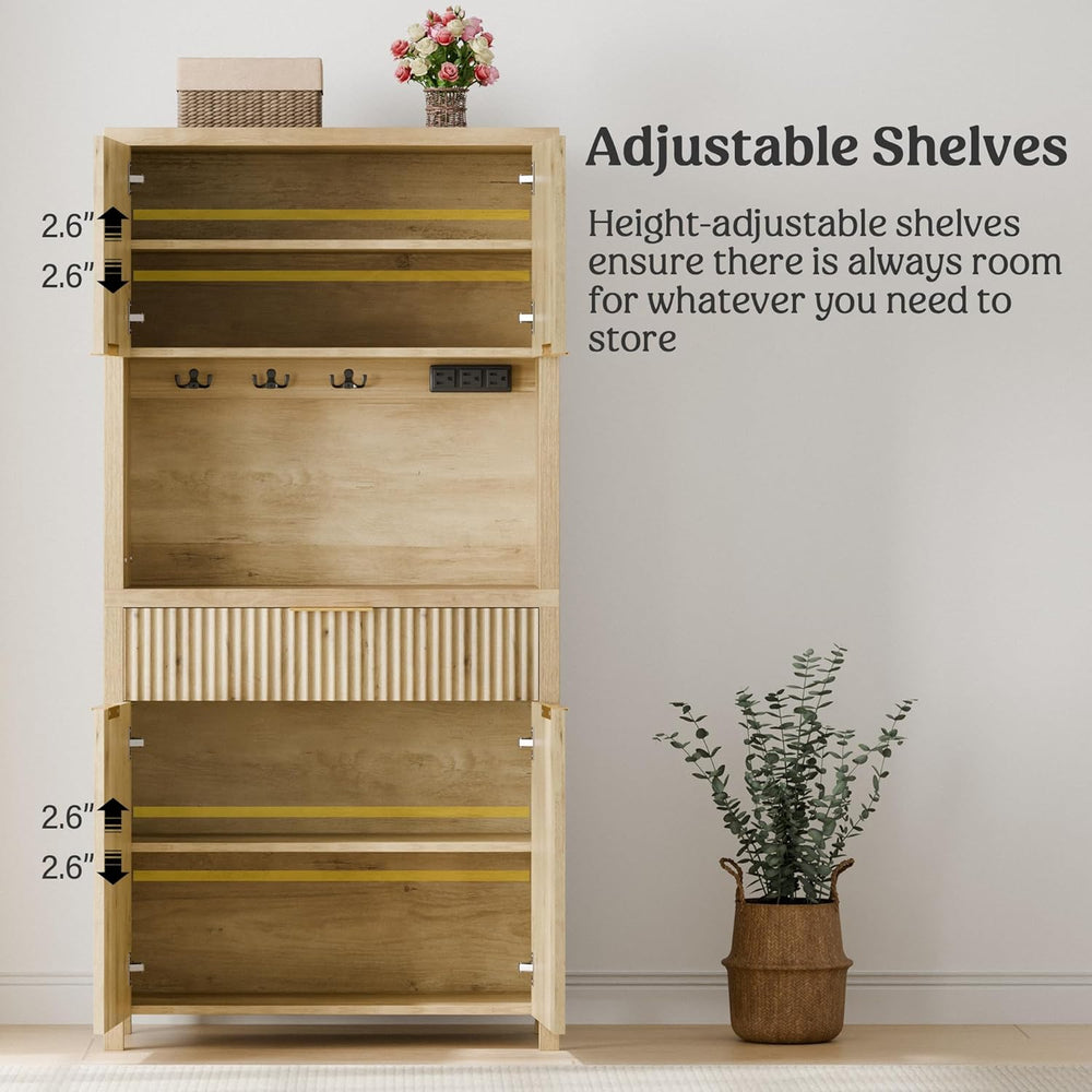Lulive 71" Fluted Pantry Cabinet with Charging Station, Natrual | Adjust...